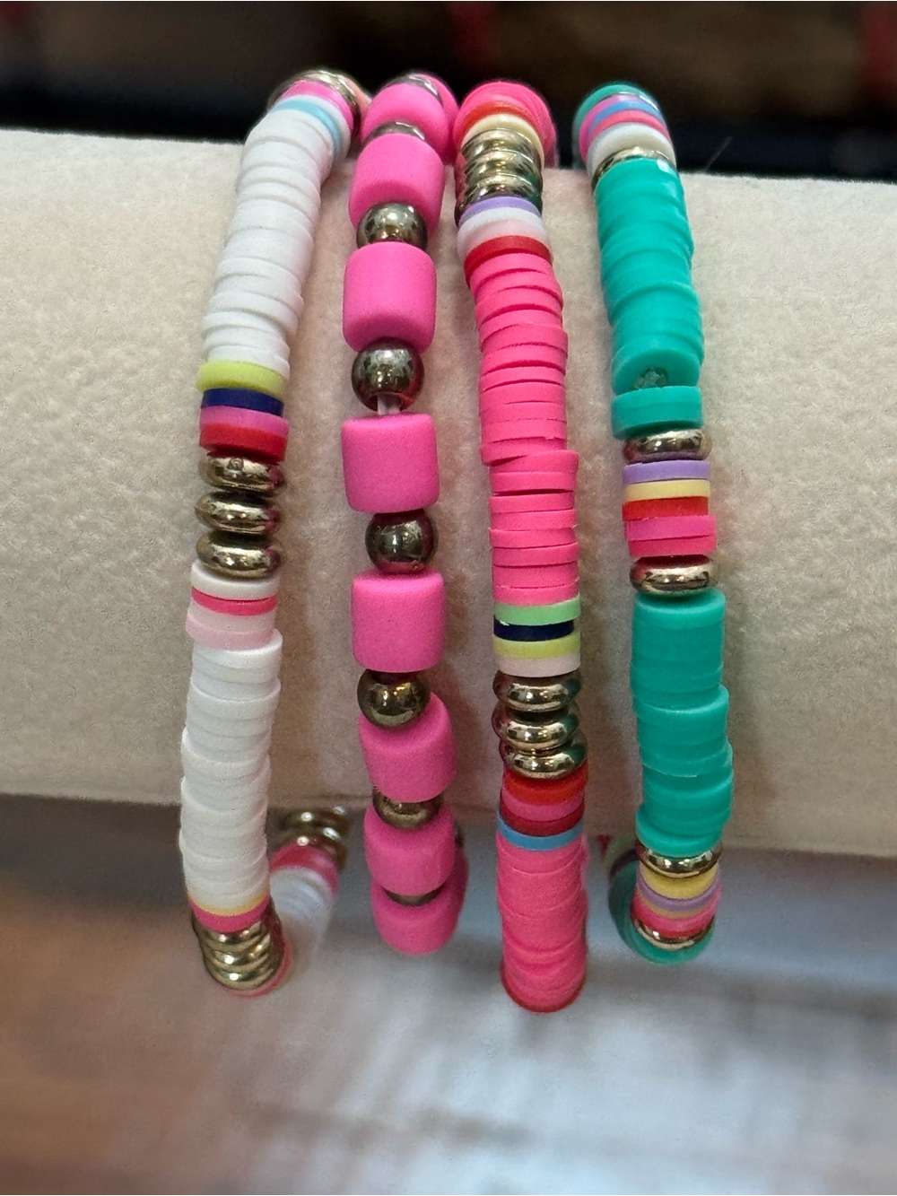 Set of 4 Colorful Heishi Bead Stretch Bracelets Pink Turquoise Gold